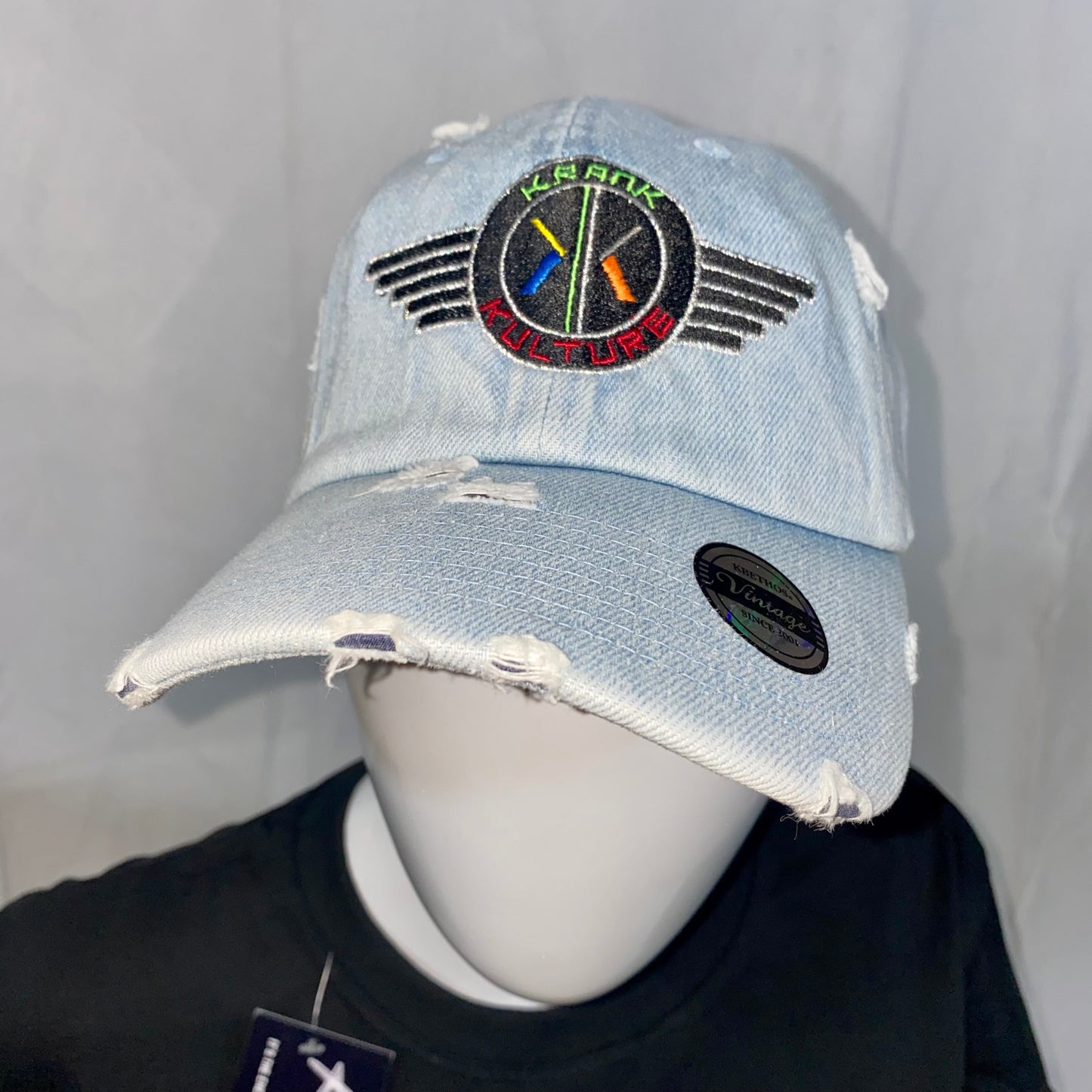 Krank Kulture Eagle Fly Distressed Dad Cap - (Denim Blue Wash)