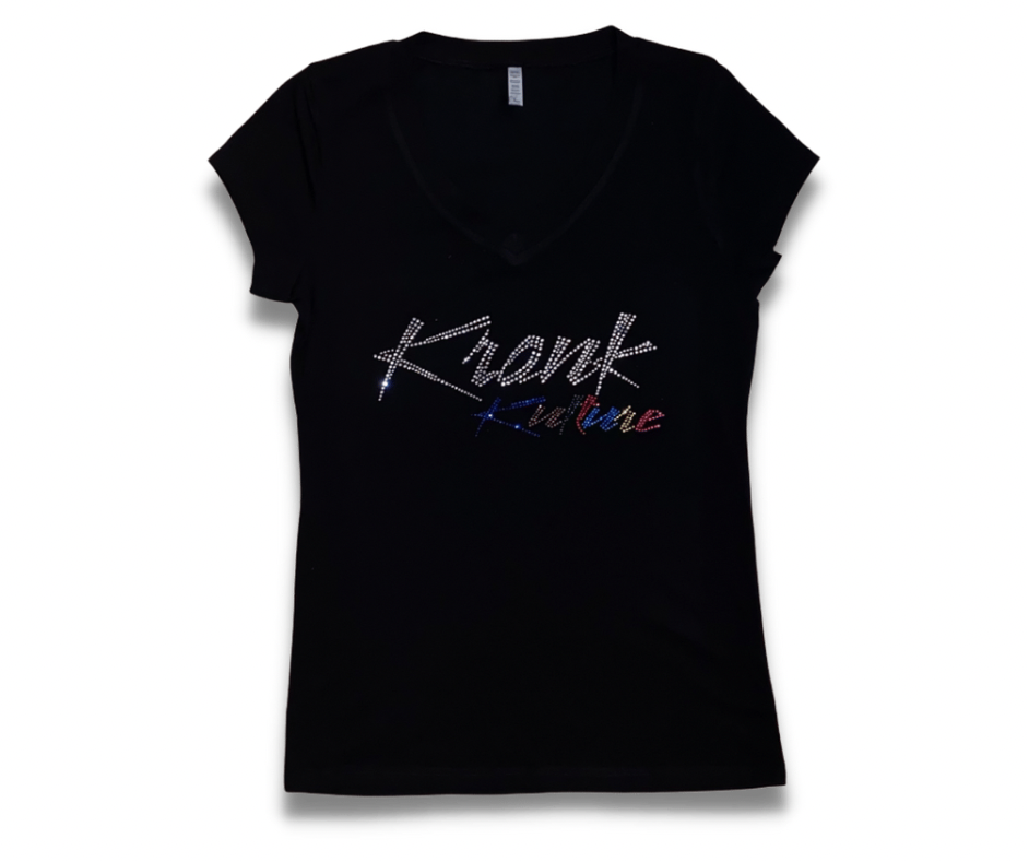 Krank Kulture “Official Krank”Logo Women Fitted V-Neck Bling T-Shirt