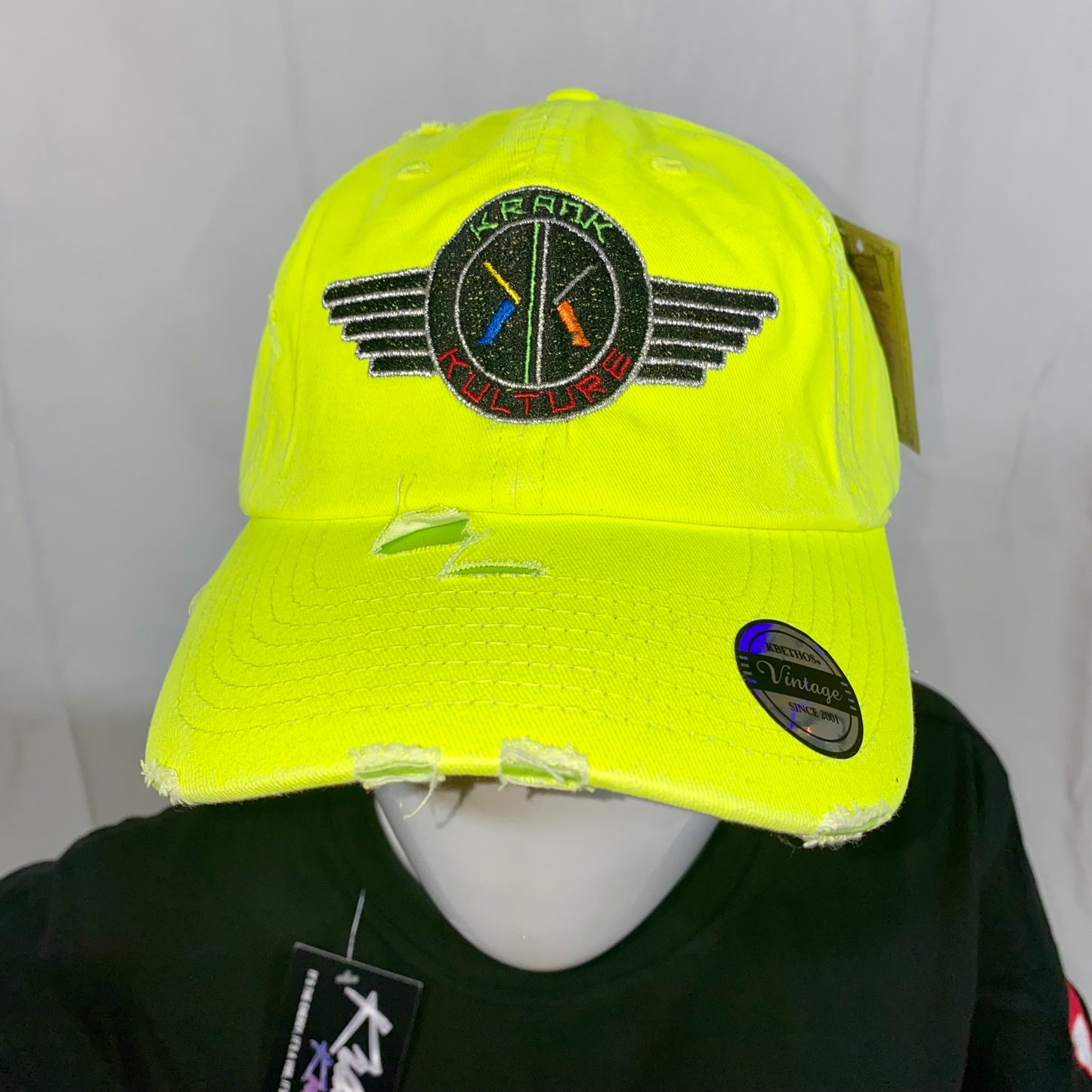 Krank Kulture Eagle Fly Distressed Dad Cap - (Fluorescent Yellow)