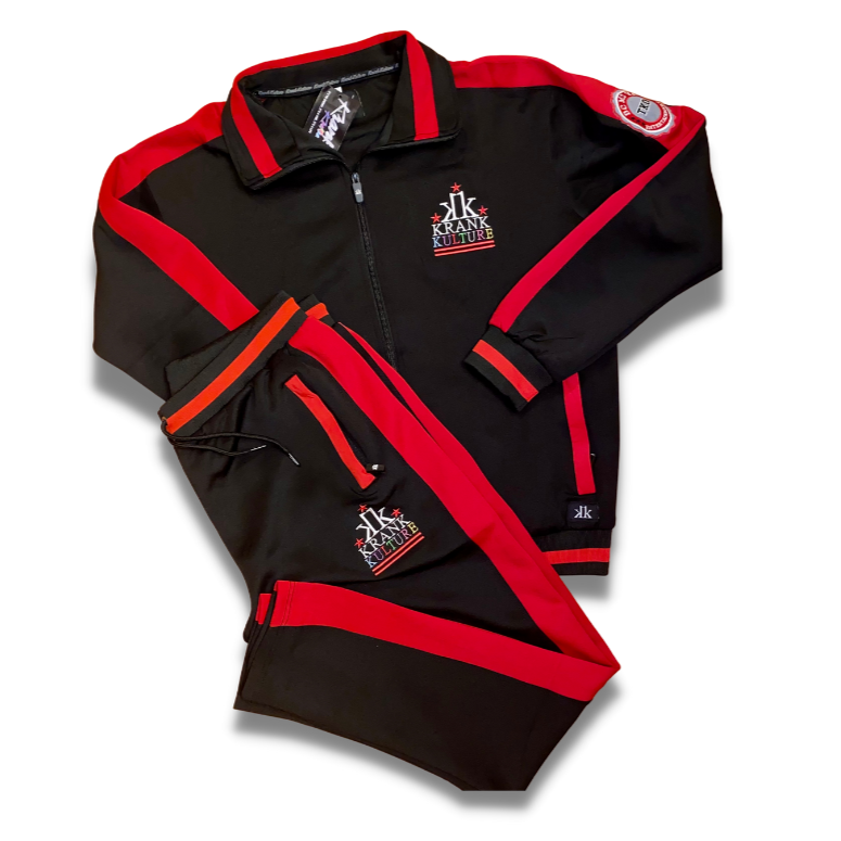 Krank Kulture Track Suit With "Barz & Starz" Logo - (Black w/Red Stripe) - Men