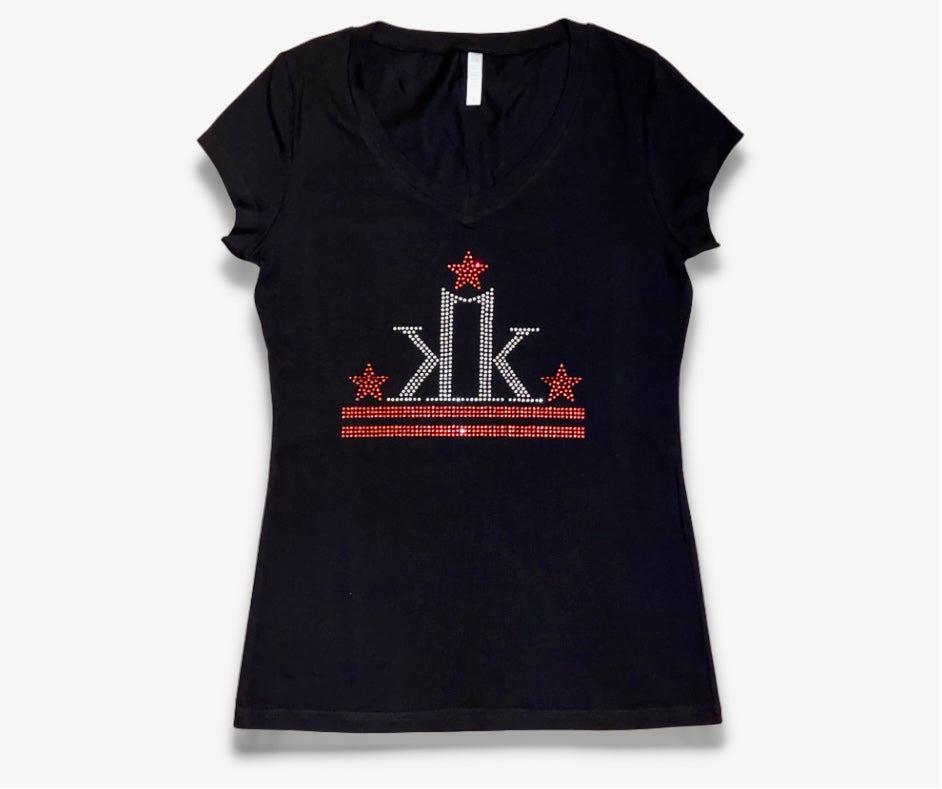 Krank Kulture “Barz & Stars” Logo Women Fitted V-Neck Bling T-Shirt